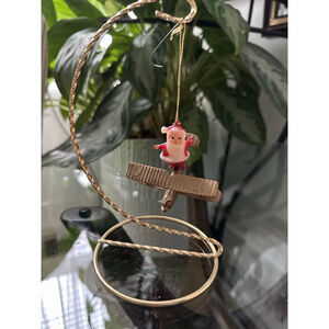 Vintage Santa Airplane Ornament Gold Biplane Aviator Pilot 1980s Christmas